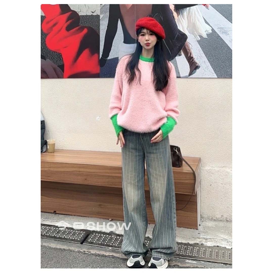 新款美式ins定制提花风复古痞帅风女水洗牛仔阔腿拖地老钱风
