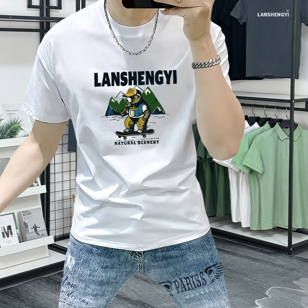 蓝晟依短袖男款爆款2025新款夏季时尚潮流印花修身圆领半袖上衣男