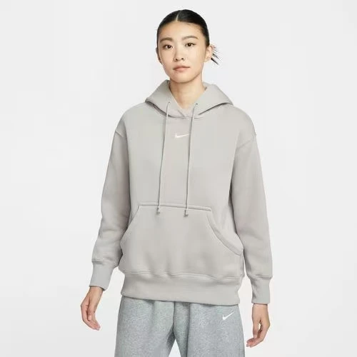 NIKE女子浅灰色宽松套头帽衫卫衣加薄绒DQ5861-009