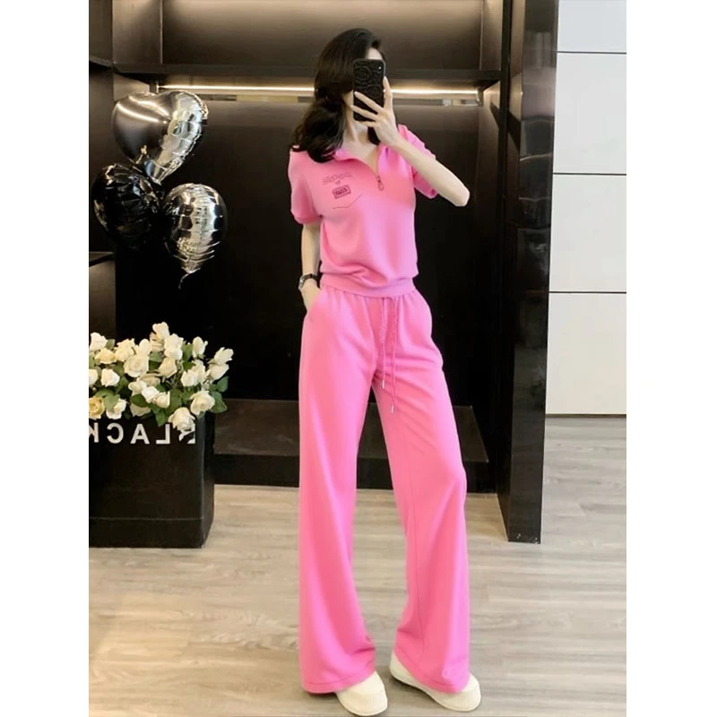 2025时尚休闲运动套装夏季女新款半拉链蕾丝连帽短袖妈妈装两件套