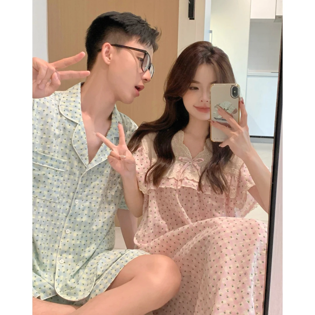 宫廷风甜美蕾丝碎花格子情侣睡衣睡裙夏季短袖棉麻男女家居服套装