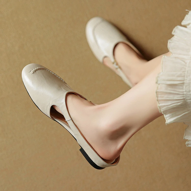 头层羊皮4cm～内增高法式圆头百搭舒适一脚蹬玛丽珍气质包头拖粗跟