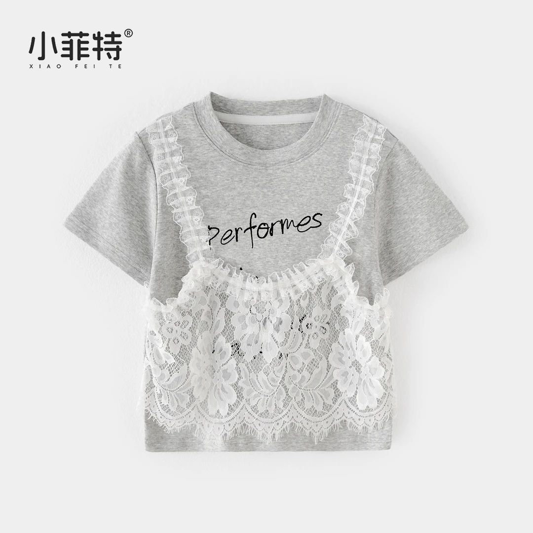小菲特夏季新款女童时尚蕾丝假两件短袖t恤女孩圆领上衣YNYX51339