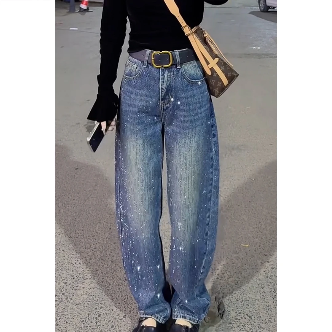 艾塔莉秋季女新款美式细闪牛仔裤宽松复古高腰阔腿裤子长款拖地裤