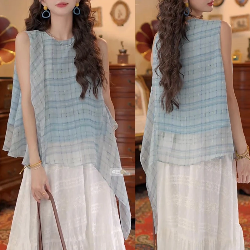 时尚格纹复古洋气拼接衬衫女士2025夏季新款百搭衬衣减龄气质上衣