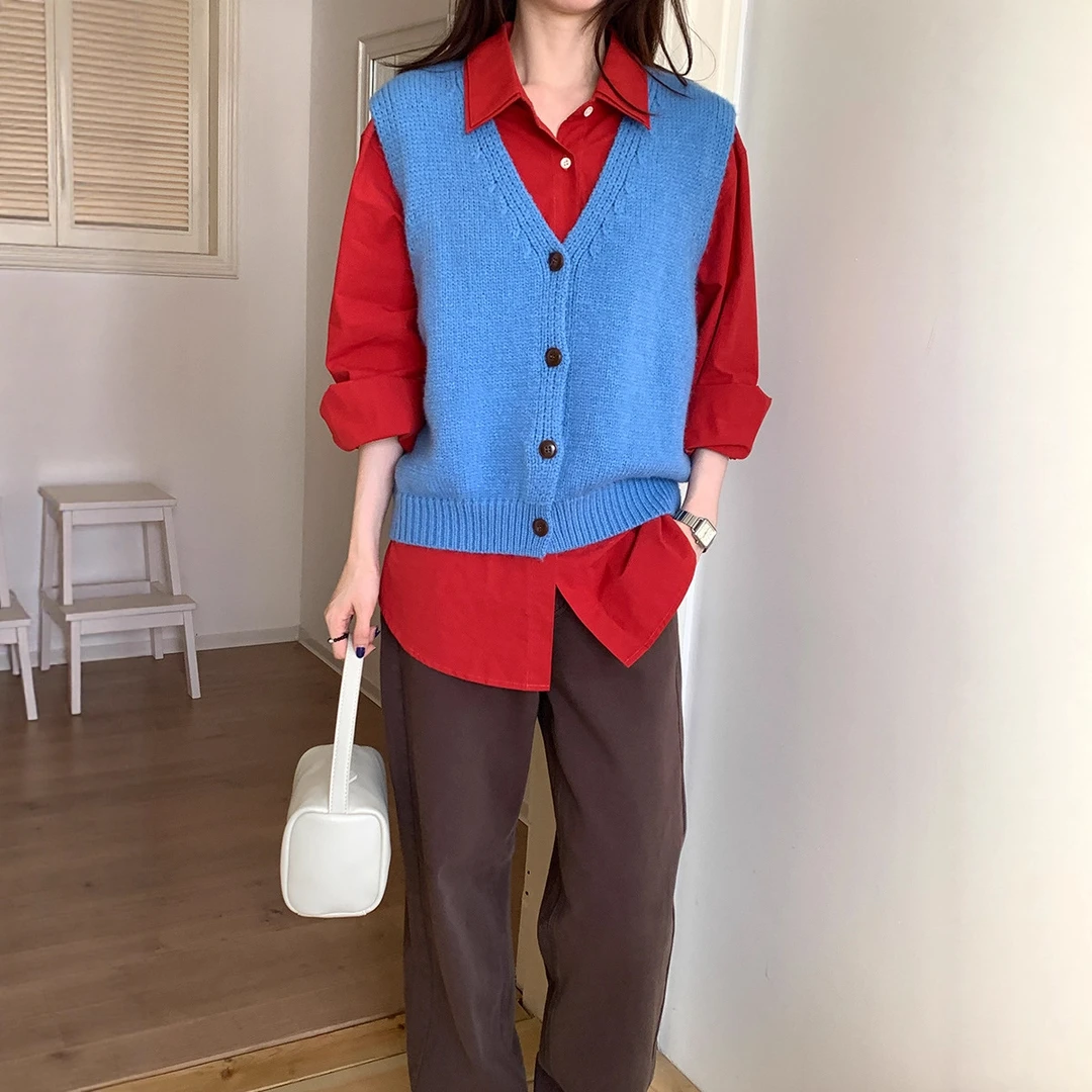 蓝色爆款针织衫马甲背心女秋季2025新款韩系叠穿无袖毛衣外搭上衣