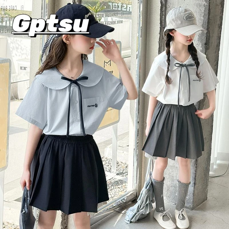 GPTSu女童套装2025新款洋气学院风夏季短袖衬衫百褶裙休闲两件套