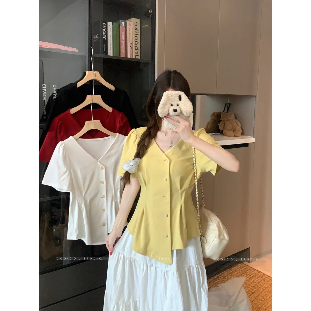 【又又】大码法式V领不规则正肩短袖T恤女夏上新遮肚子显瘦洋气上衣