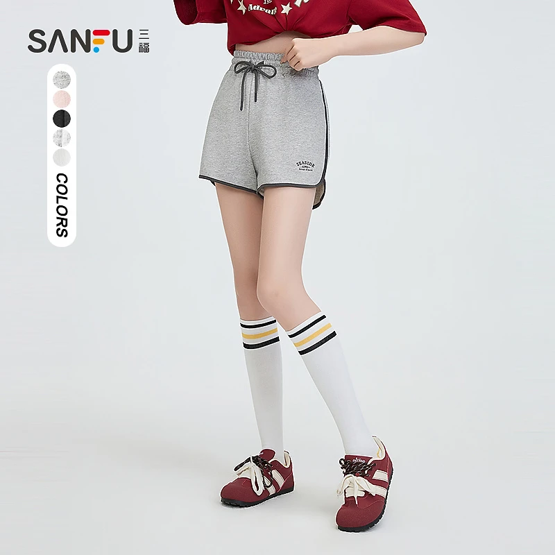 三福短裤2025夏季撞边英文刺绣设计撞色裤子女装495829