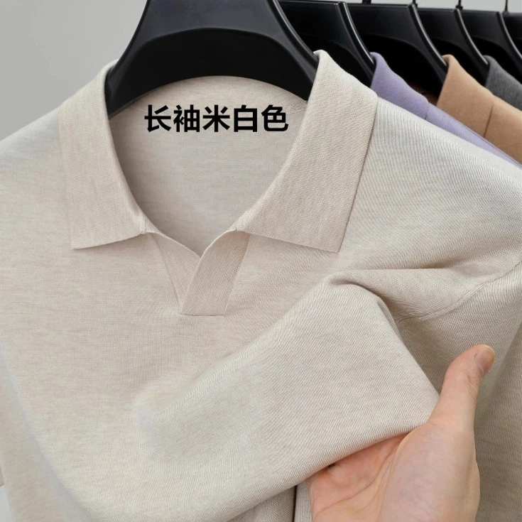可机洗精纺羊毛+桑蚕丝海鸥领POLO衫商务休闲秋冬套头男装打底衫