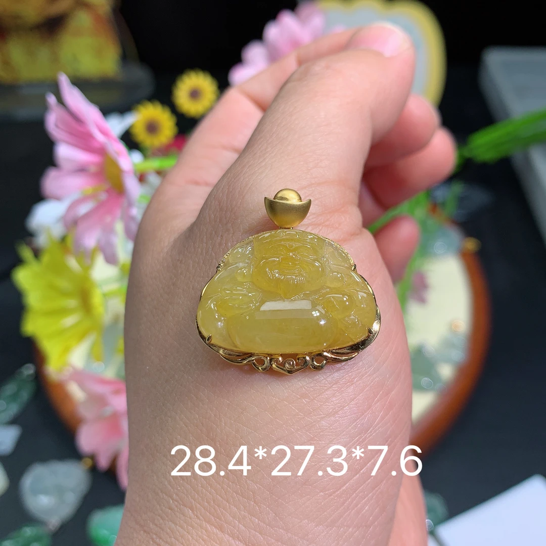 缅甸翡翠A货冰种黄翡财神满吊坠挂件水润百搭精致玉冰气质妈妈精