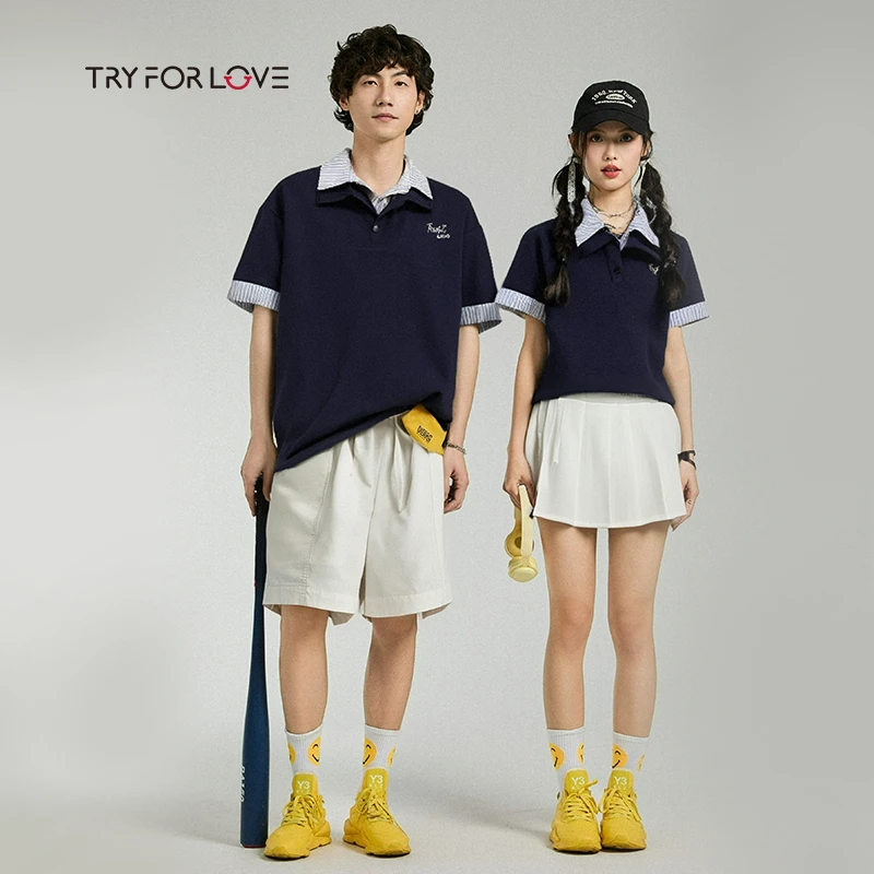 TRYFORLOVE夏季T恤日系翻领拼接上衣小众设计感情侣装t恤一长一短
