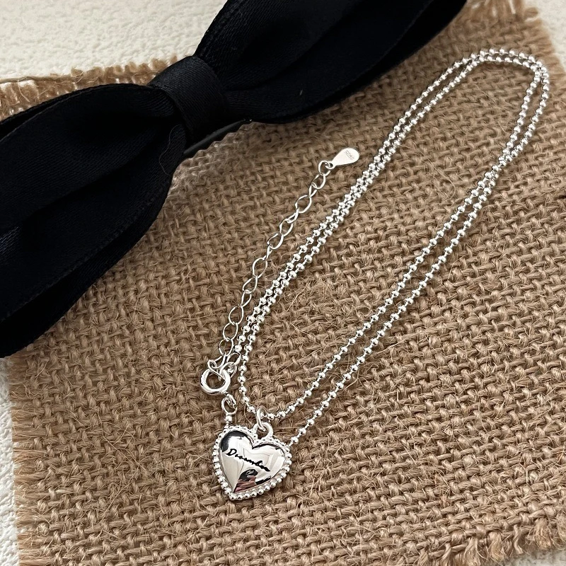 链子925银 韩版爱心米珠项链实心吊坠小众设计感ins风5062