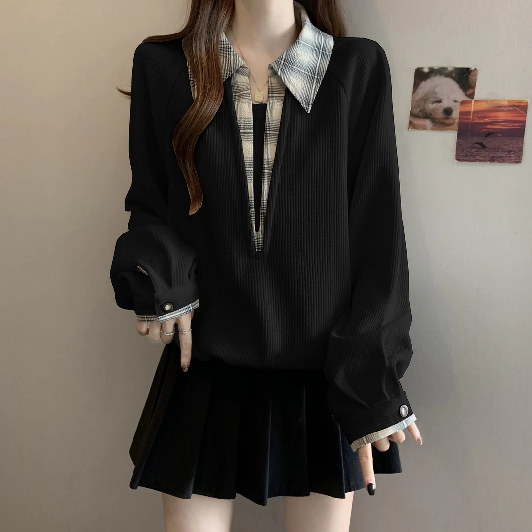 大码女装遮肚子高级感假两件长袖卫衣女春秋胖mm显瘦正肩百搭上衣