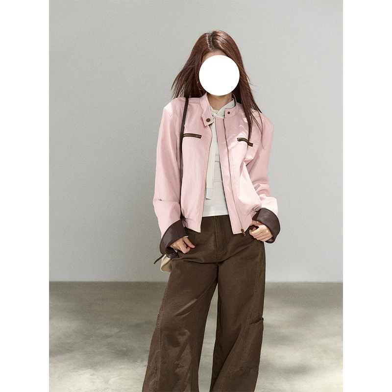 粉色工装机车皮衣外套女2025年秋季新款酷飒独特超好看休闲夹克潮