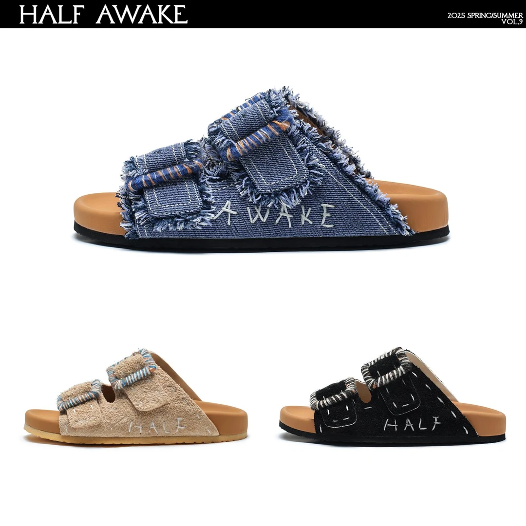 HALF AWAKE vol.9设计师品牌2025春夏新款双条带方扣刺绣凉拖鞋女