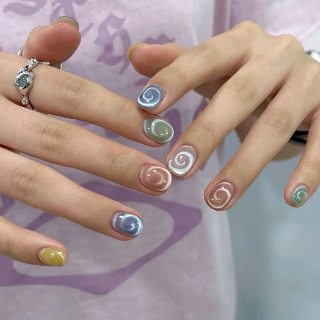 手工穿戴甲韩系个性甜美五彩猫眼爆闪甲片可爱风温柔少女心美甲贴