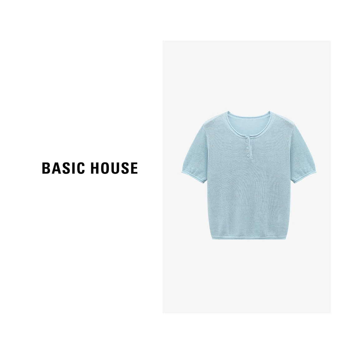 Basic House/百家好夏季百搭休闲宽松套头短袖针织衫-B0625B55982