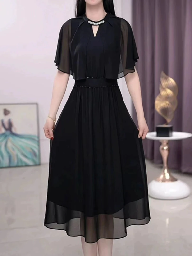 【SY128】黑色连衣裙女夏季2024新款收腰气质优雅过膝a字裙子