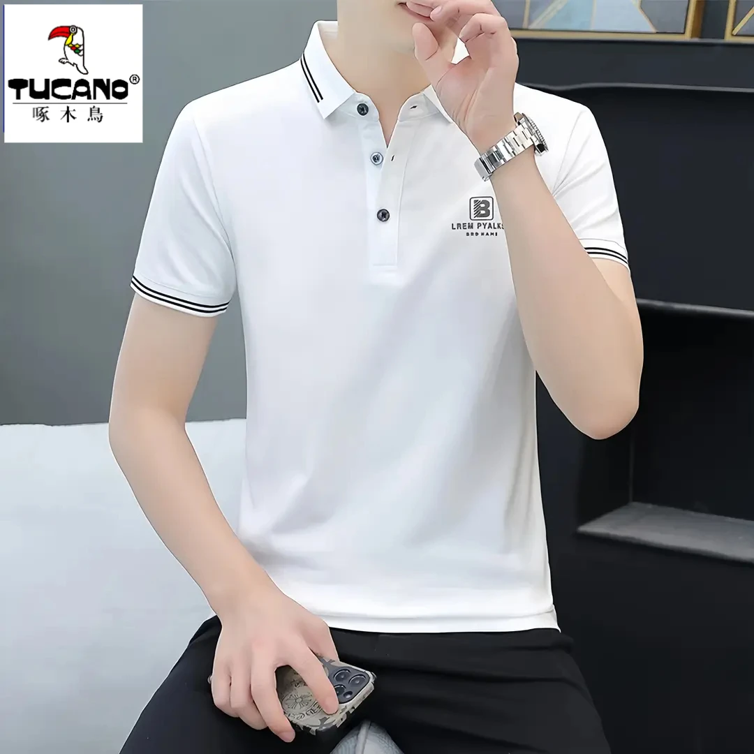 啄木鳥夏季新款冰丝男士商务POLO衫短袖潮流修身T恤翻领半袖上衣