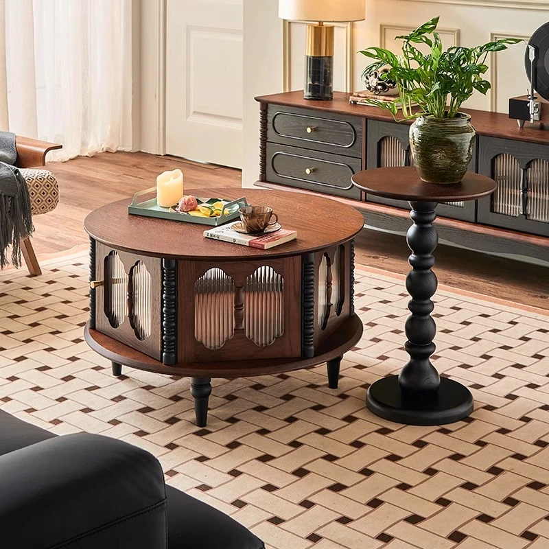 法式复古实木圆形茶几组合小户型家用小茶台2024新款长虹玻璃圆几