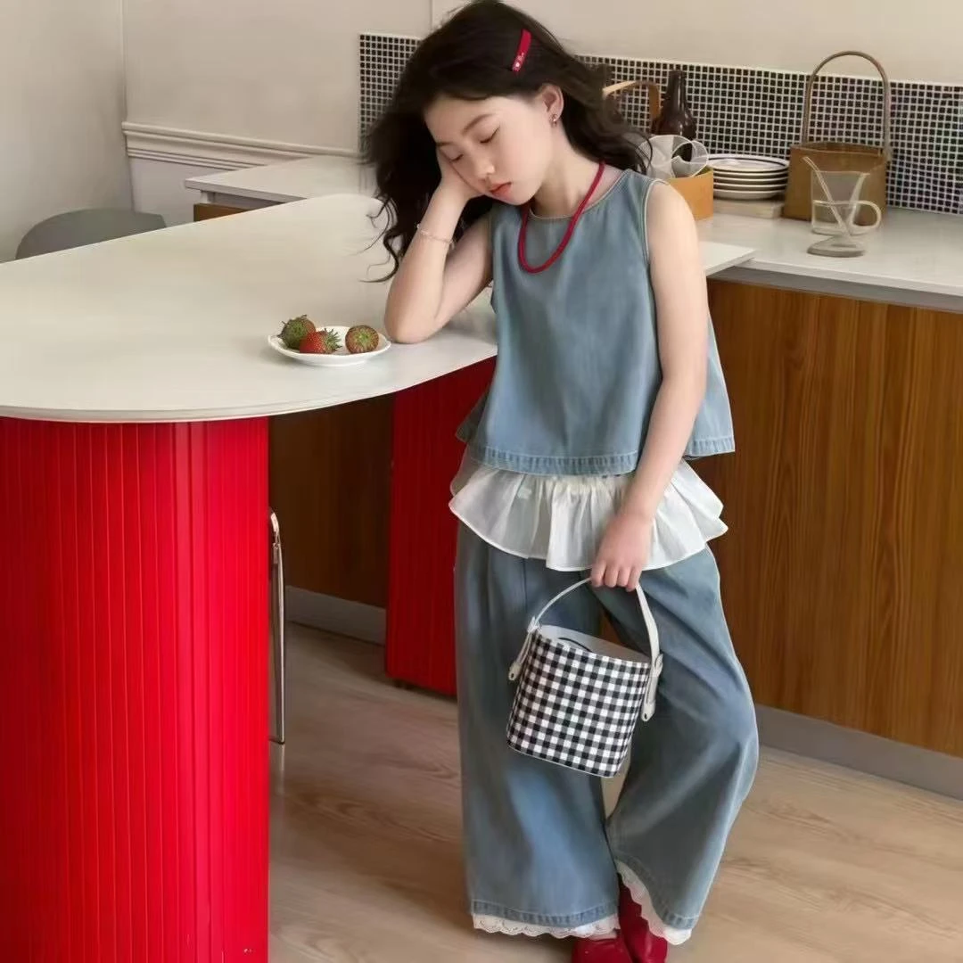 女童夏季牛仔套装2025新款女孩洋气夏装无袖背心儿童阔腿裤