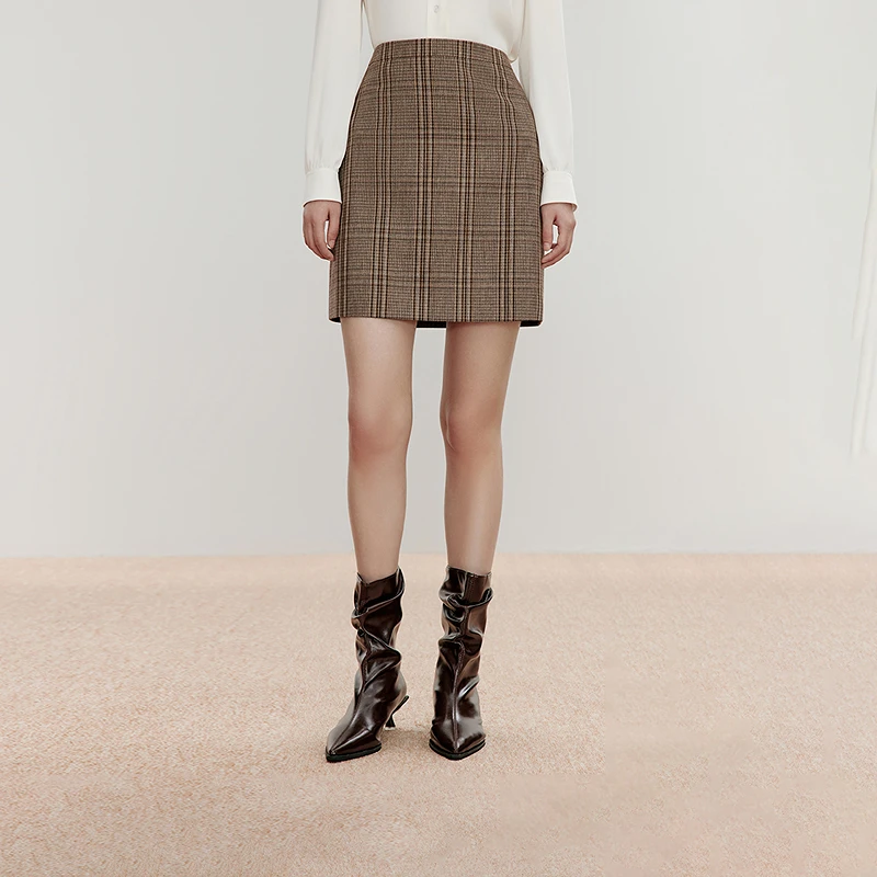 【雅丹风】LANCY/朗姿24冬季新款棕色复古格子半身裙英伦风半裙女