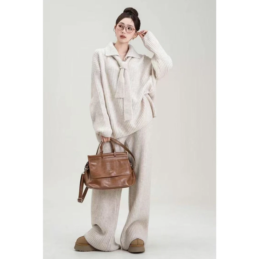 慵懒风毛衣套装女秋冬新款加厚宽松百搭高级感配飘带休闲裤两件套