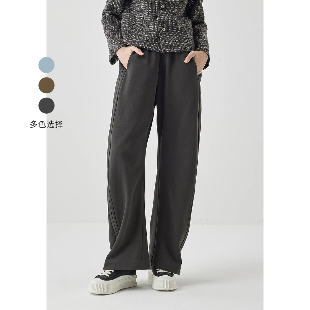 EIN/言简约运动风休闲高腰加长加绒直筒宽松复古卫裤25秋冬女高街