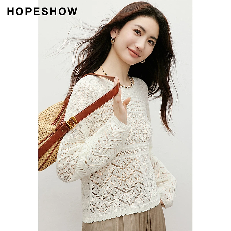 红袖2025夏季女装 波西米亚风镂理落肩船领套头针织衫90225120103