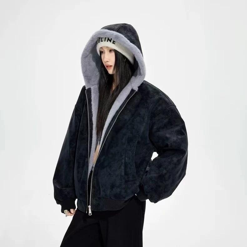 FIPU荔枝纹皮座山雕外套男女款冬季加绒加厚皮衣棉服美式毛领棉衣