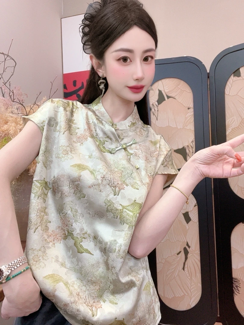 【逸云轩】2025夏季洋气百搭新中式短袖女日常宽松上衣女