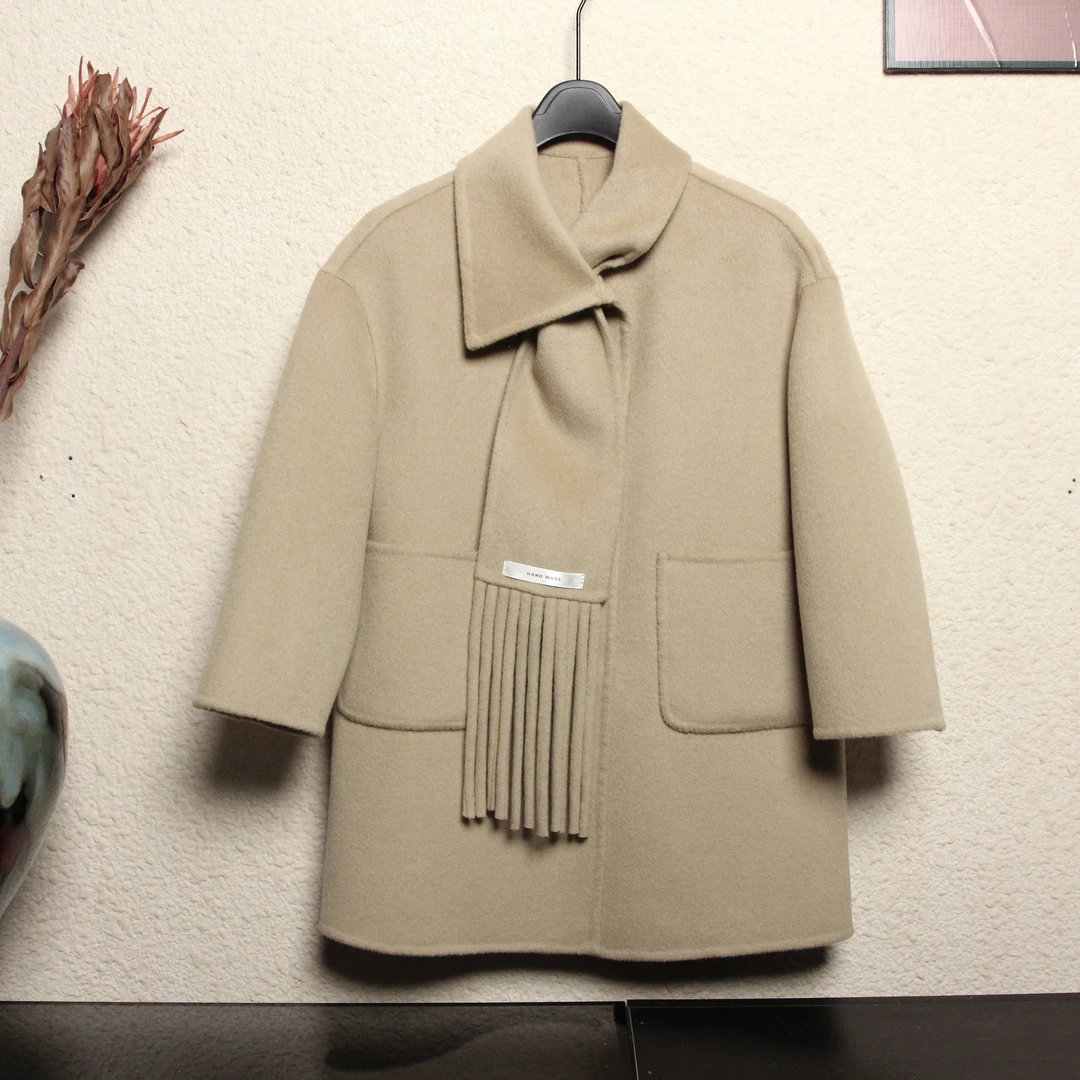 【墨羽】100%双面羊毛大衣秋冬韩版洋气儿童大衣围巾款外套-卡其绿