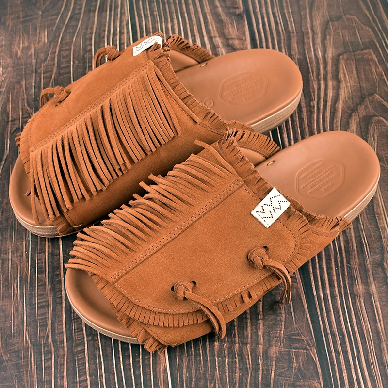 visvim cantq夏季新款流苏厚底增高拖鞋真皮鞋底潮牌男一字拖外穿