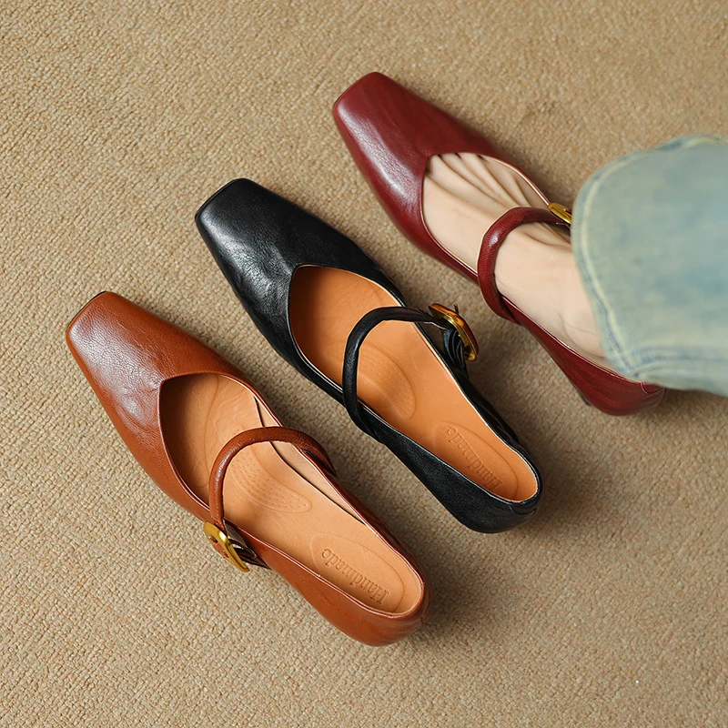 3cm/羊皮/法式复古浅口方头简约低跟单鞋文艺一字带玛丽珍女鞋