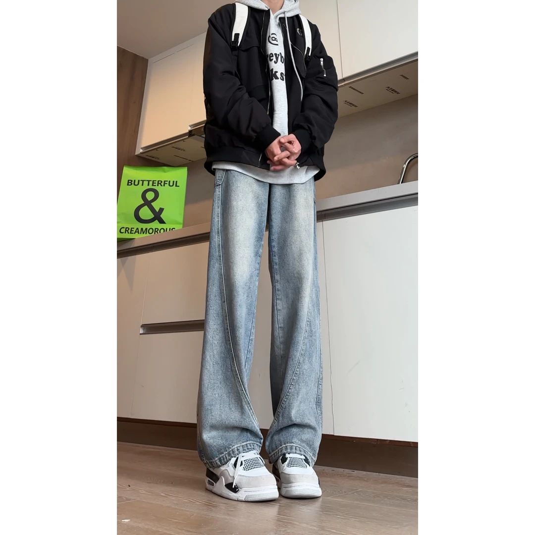 爆款解构牛仔裤男秋冬设计感潮牌水洗直筒裤复古美式阔腿拼接长裤