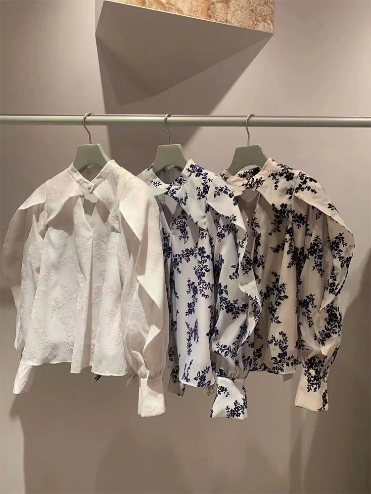 【FaFa】日系品牌 S 气质淑女荷叶边 植绒印花雪纺衬衫F1292