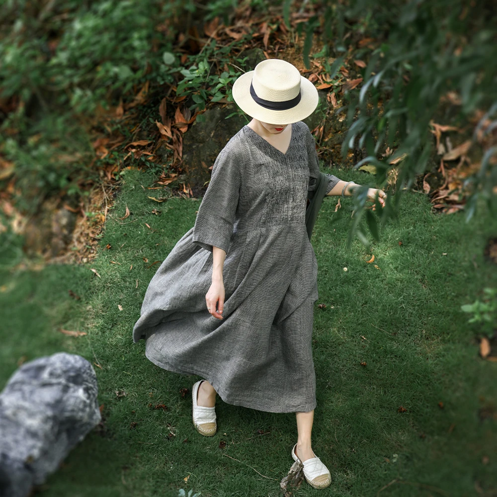 千鸟格纹春季高端亚麻加棉连衣裙V领复古棉麻大摆裙长裙日常禅意