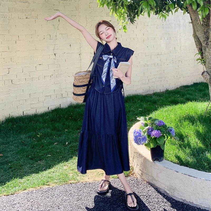 蓝色牛仔上衣半身裙两件套女2025年夏季新款时尚独特绝美高腰套装