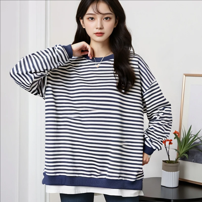 大码女装300斤胖MM时尚遮肉显瘦假两件圆领条纹卫衣63113