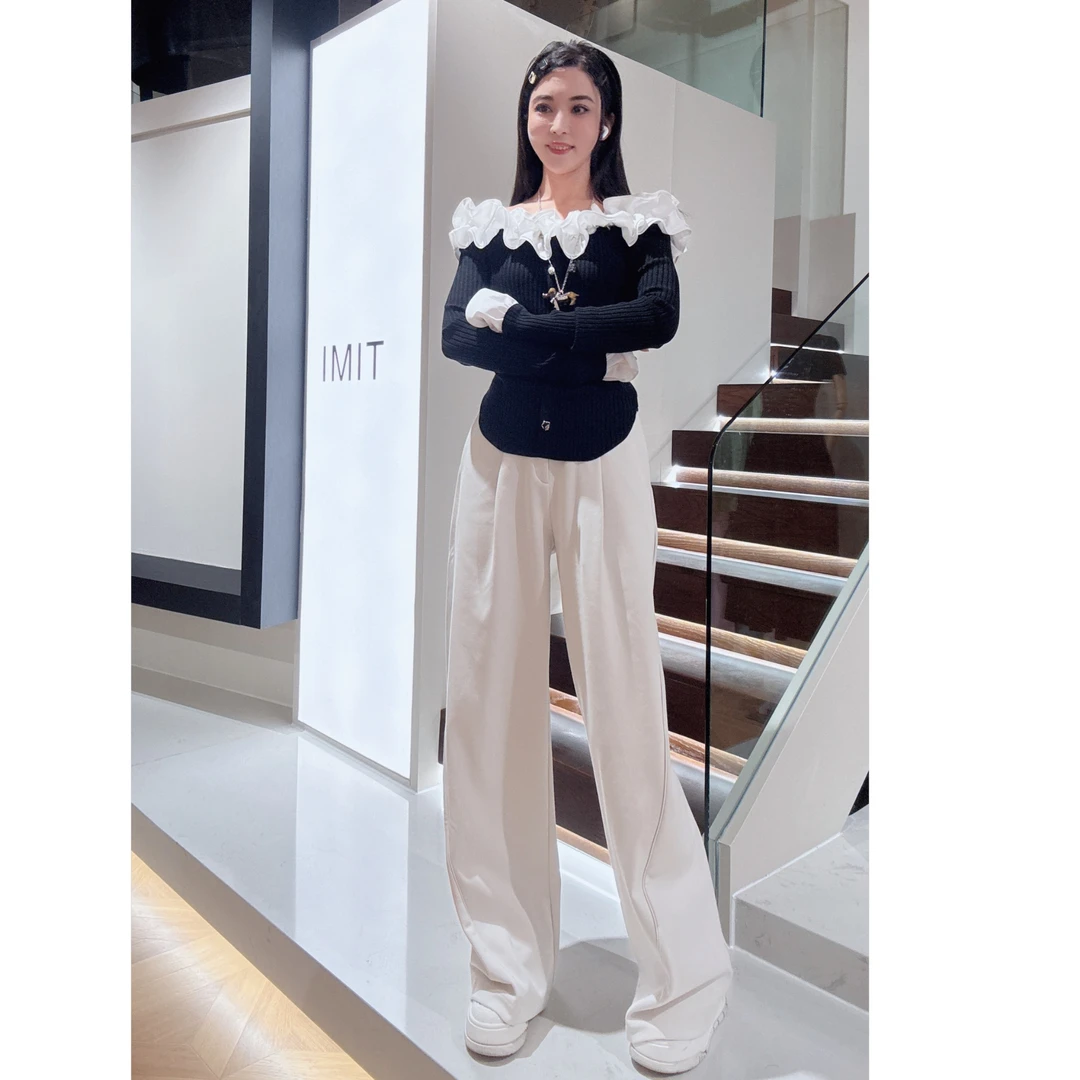 RE'VAN春秋显瘦小个子高腰直筒休闲宽松针织拼接上衣白长裤