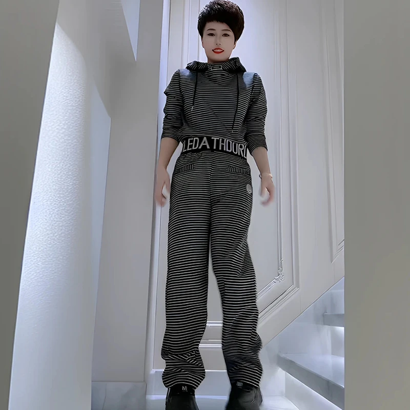 韩版休闲时尚套装女2025年春秋新款连帽条纹长袖卫衣阔腿裤两件套