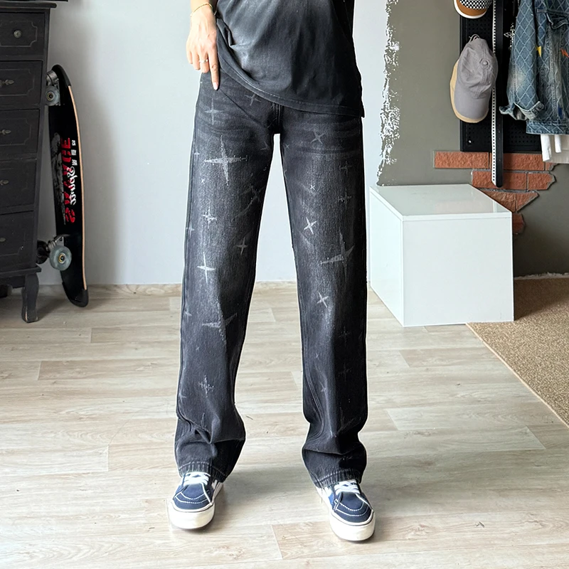 巴黎时装美式街头直筒牛仔裤男高端品质激光印花中腰复古潮牌裤子