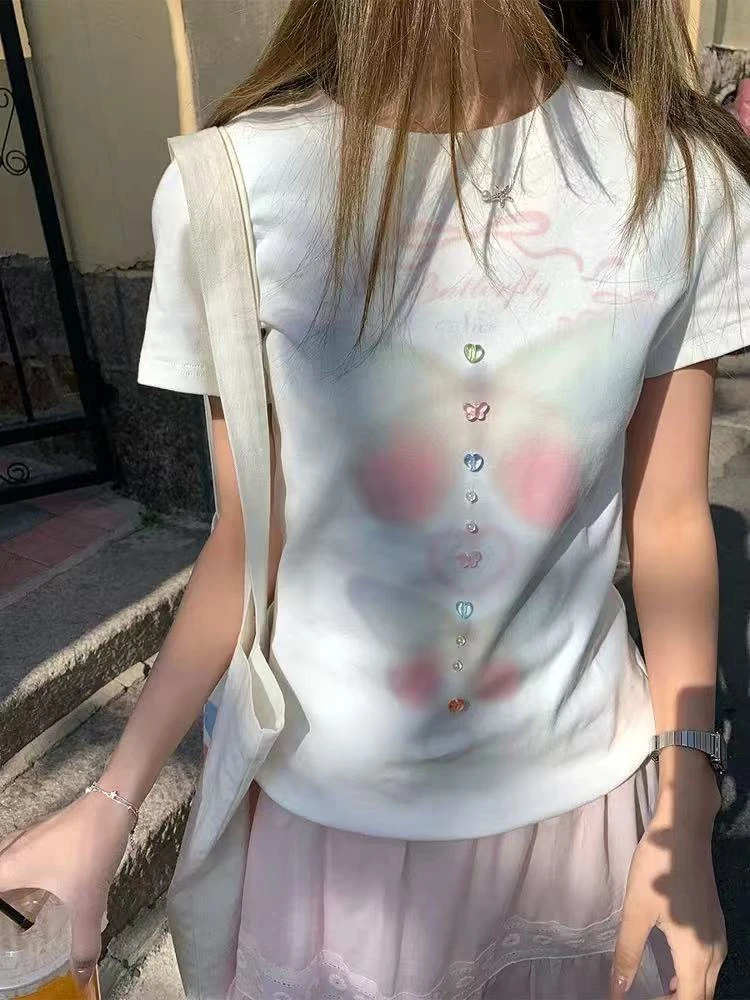 A003-梦幻蝴蝶印花立体修身正肩T恤2025夏季新款盐系少女短袖女