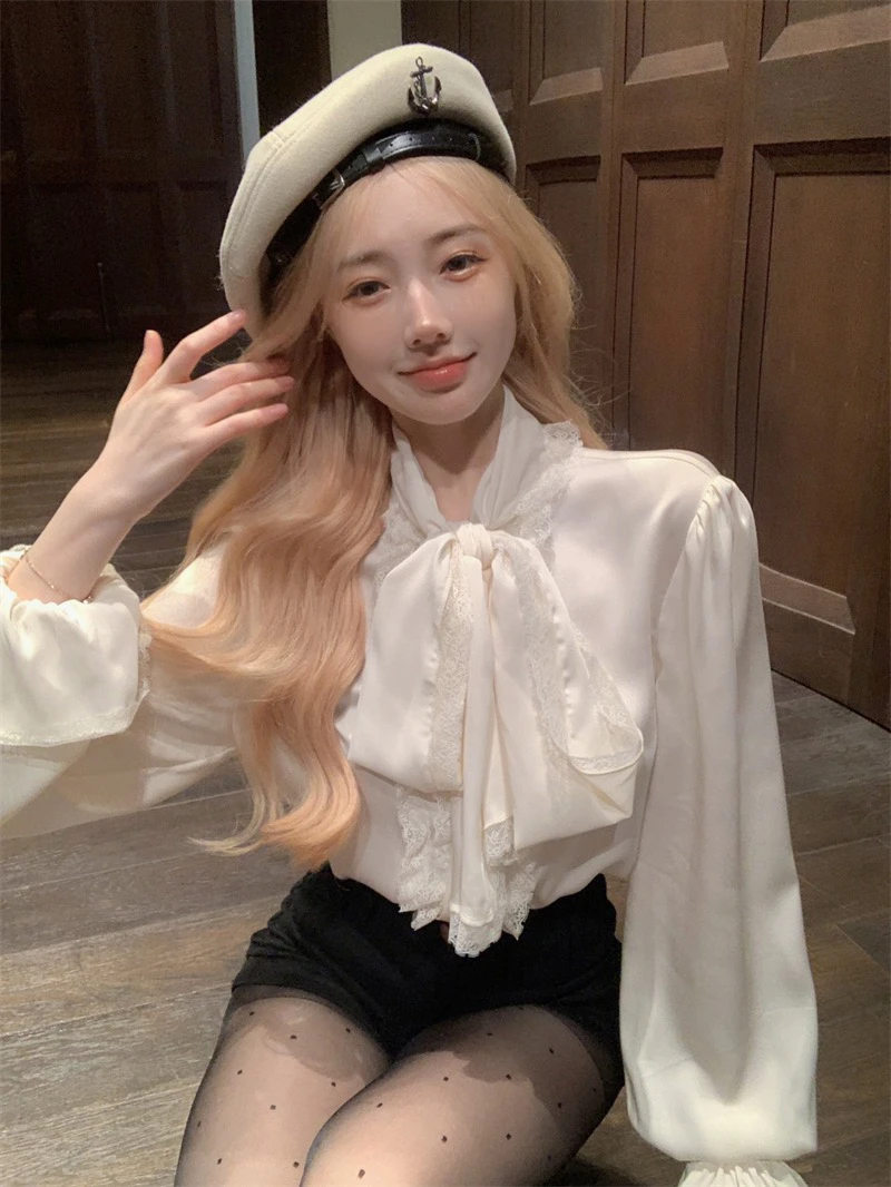 法式蕾丝花边系带衬衫女2025春秋新款设计感小众气质别致上衣