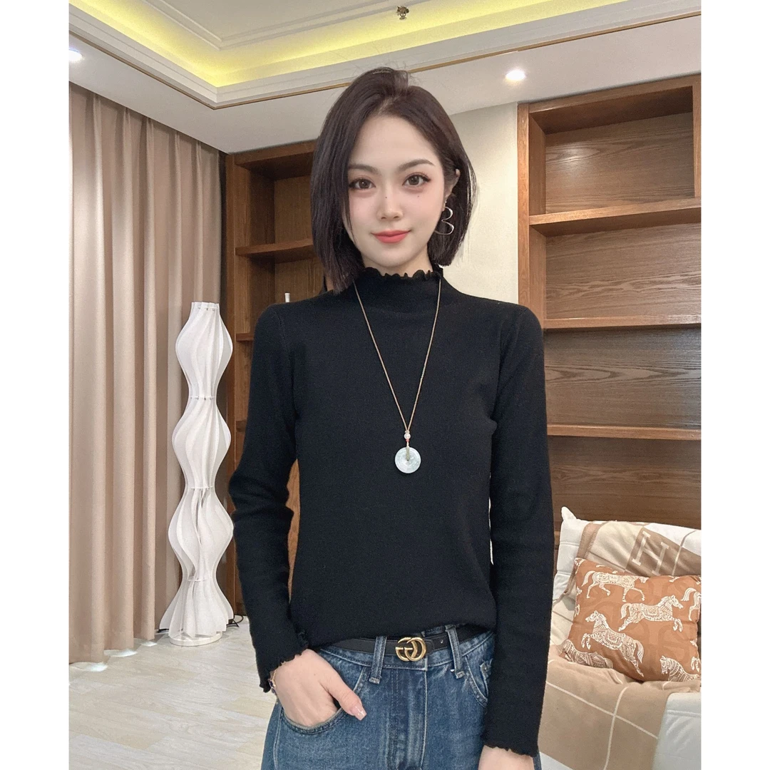 茜百万半高领木耳边长袖打底秋冬百搭纯色针织衫冬季弹力打底T恤