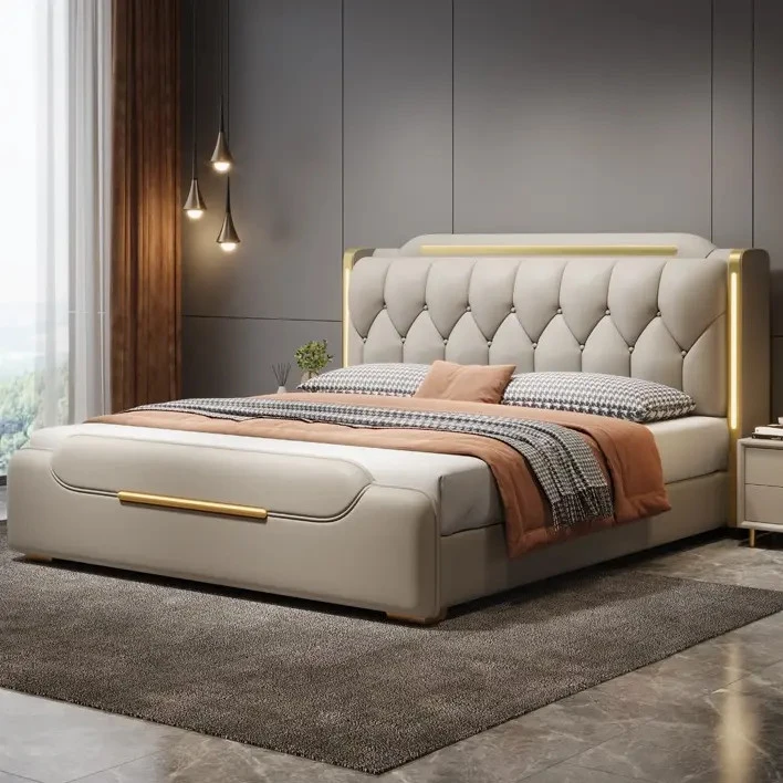 【三抽储物 保险柜】极简佛山现代大床1.8米x2米意式轻奢真皮大床