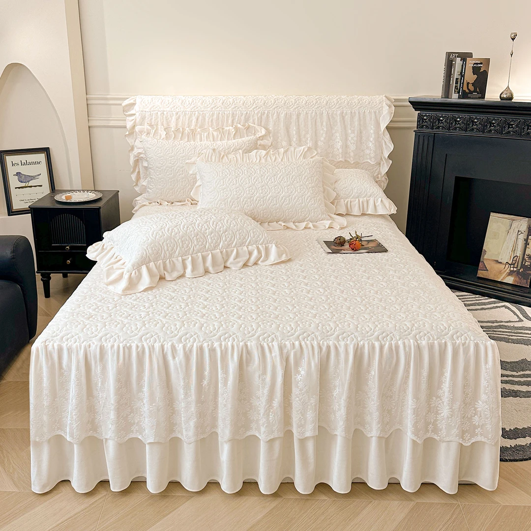 秋冬宝宝绒法式蕾丝绗缝加面床裙加厚防滑床罩欧式公主风罩床