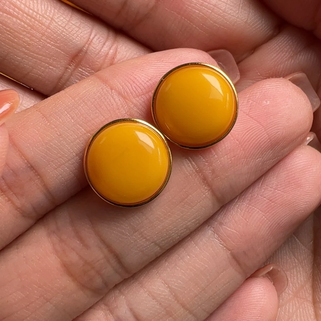 蜜蜡耳饰银S925镀金镶嵌