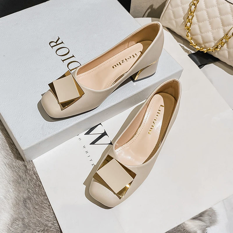 2022年新款单鞋女气质方头浅口中跟大码女鞋41-43小香风女鞋粗跟